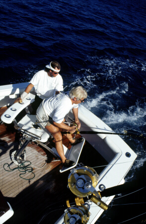 Photo of Ephraim Cloostermans fighting a big fish